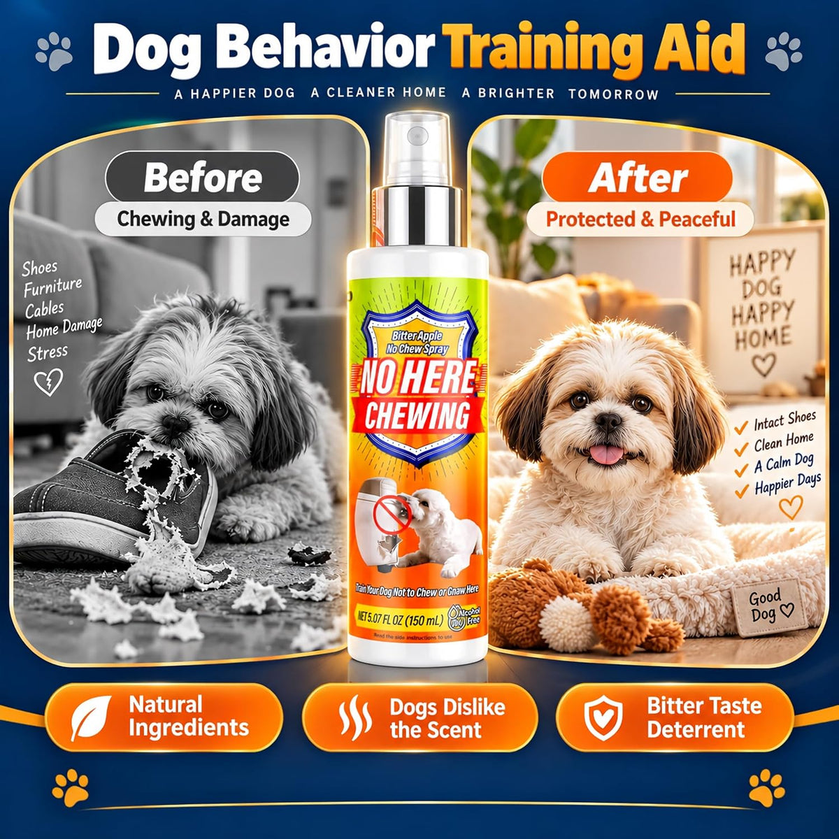 Bitter Apple Spray for Dogs – No Chew Spray to Stop Chewing, Licking & Biting, Natural Bitter Dog Training Spray, Anti C