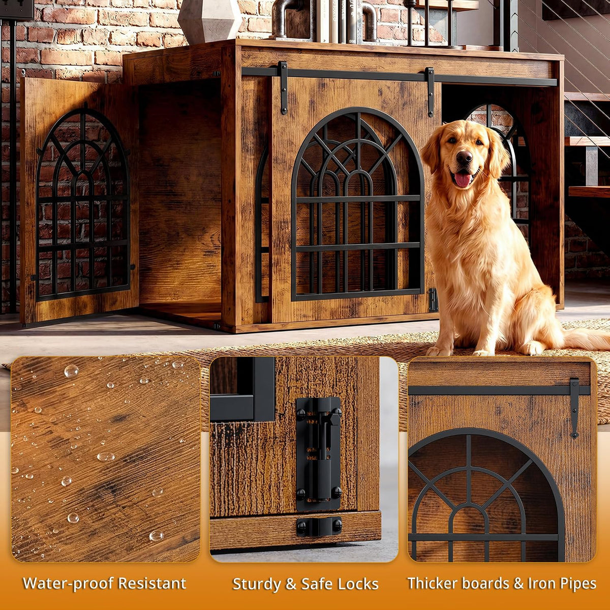IRONCK 45.1" Dog Crate Furniture with Sliding Barn Door (Brown)