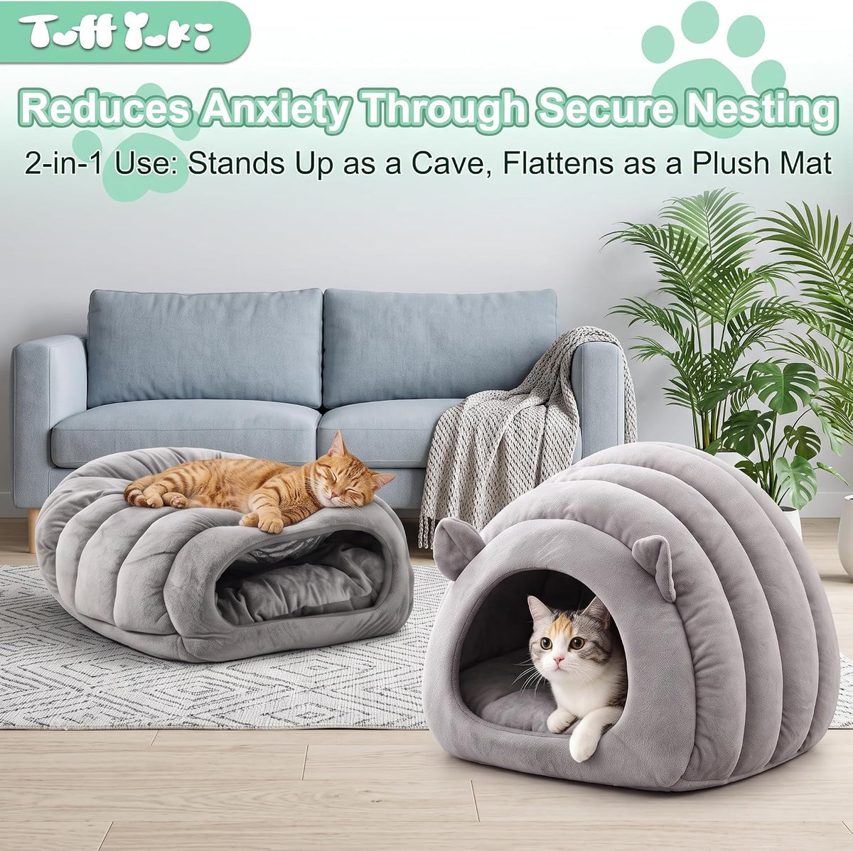 Cat Cave Bed, Orthopedic Memory Foam Anti Anxiety Cat Bed for Indoor Cats, Cozy Plush Caterpillar Tunnel Cat Bed, Non Sl