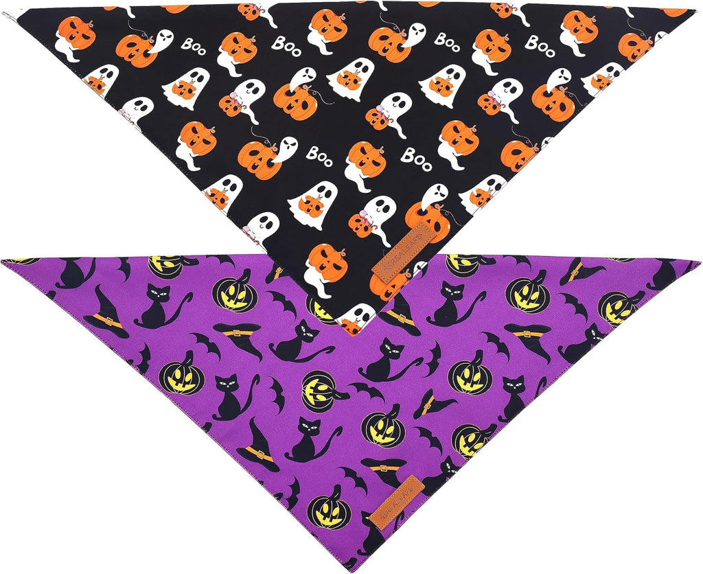 Halloween Dog Bandanas 2 Pack, Reversible Orange Pumpkin Pet Scarf for Boy and Girl, Premium Durable Fabric, Holiday Ban
