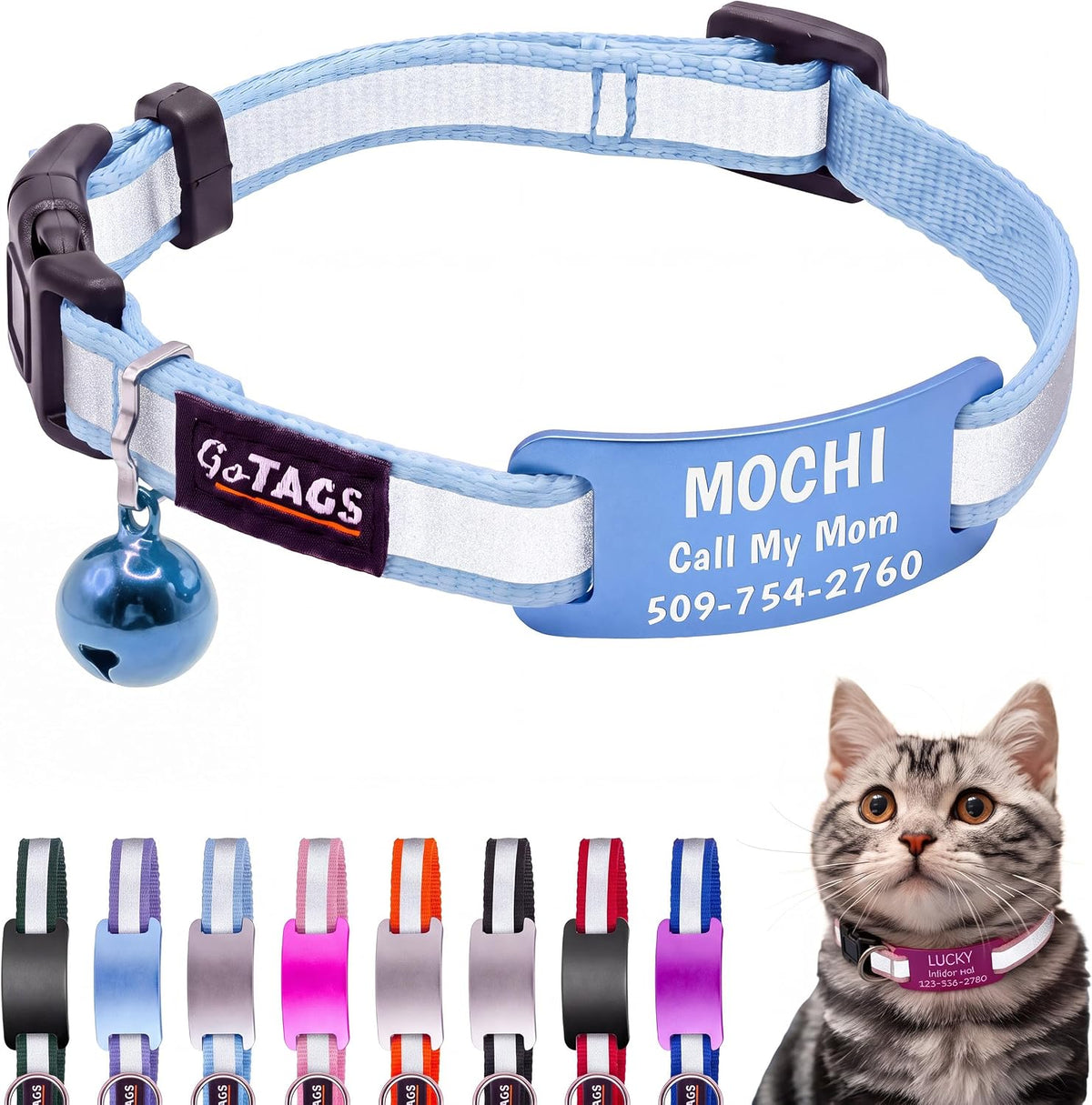 GoTags Cat Collar Personalized, Reflective Collar with Bell & Nameplate