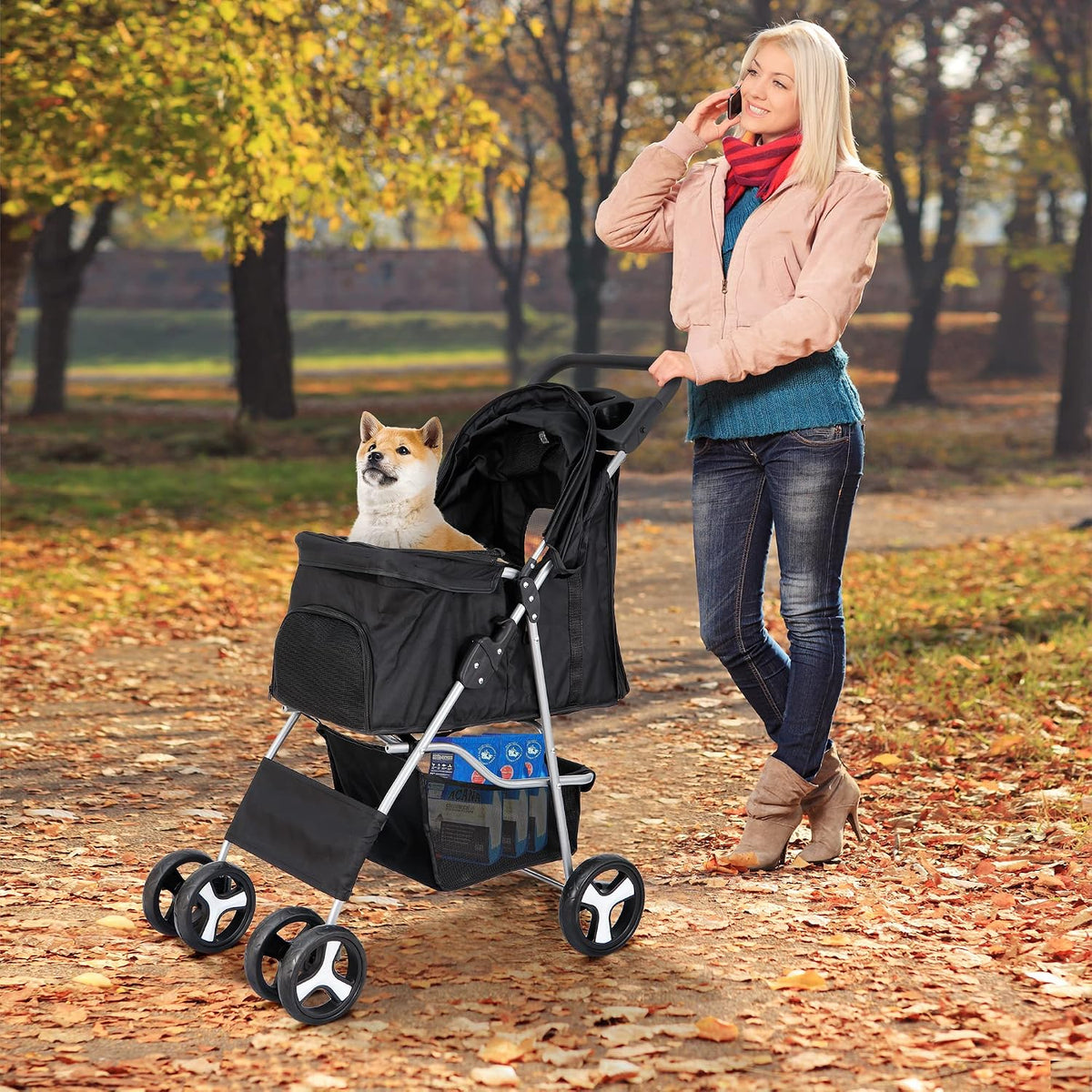 4 Wheels Pet Stroller Dog Cat Stroller for Small Medium Dog Cats Foldable Carrier Jogger Travel Puppy with Storage Baske