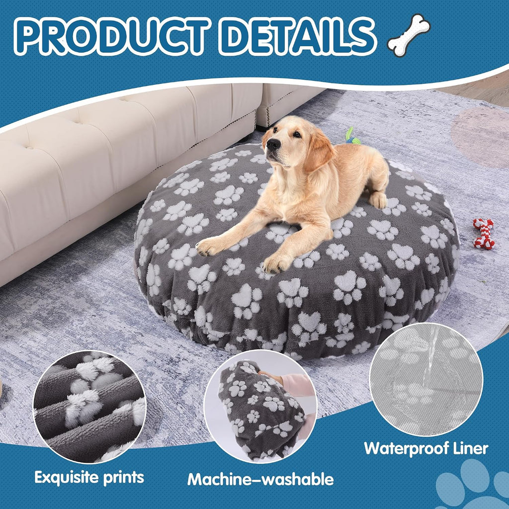 Washable Dog Bed Covers Replacement Round Waterproof Bed Cover for Dog Soft Pet Bed Cover with Lovely Dog Paw Print and 