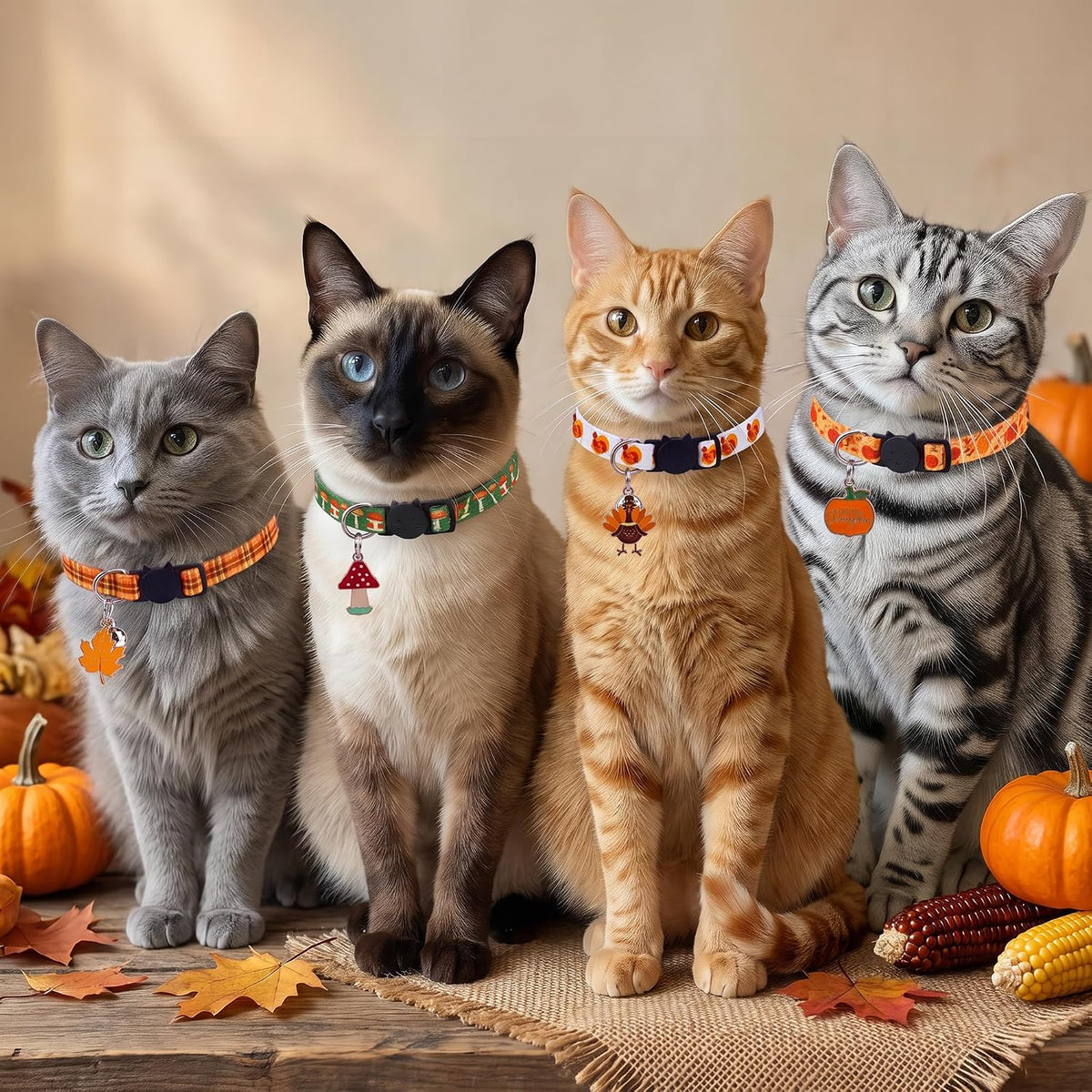 4 Pack Thanksgiving Cat Collars Breakaway with Bell and Charm Adjustable Fall Kitten Collar Set Pumpkin, Turkey, Maple L