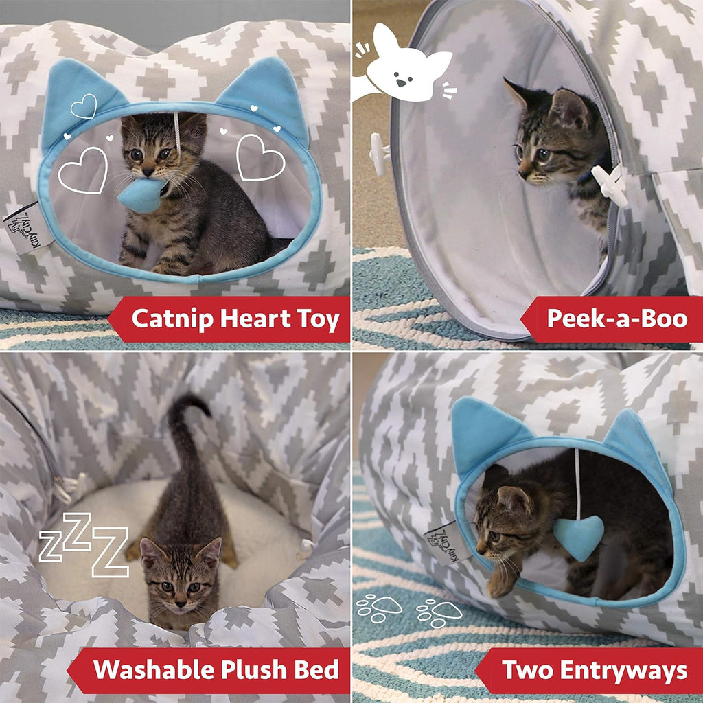 Kitty City Large Cat Tunnel Bed, 2-in-1 Zip-Together Cat Play Tunnel & Plush Nap Bed, Pop-Up Indoor Cat Toy with Hanging