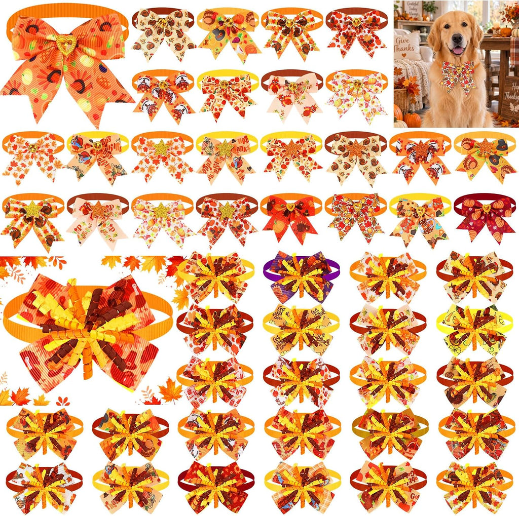 Huhumy 50 Pcs Fall Dog Bowties Bulk Thanksgiving Pet Grooming Bows