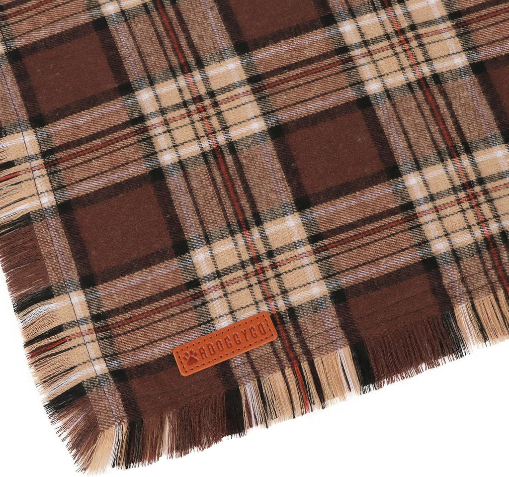 Fall Dog Bandanas with Fringe, Red Brown Plaid Dog Scarf, Large