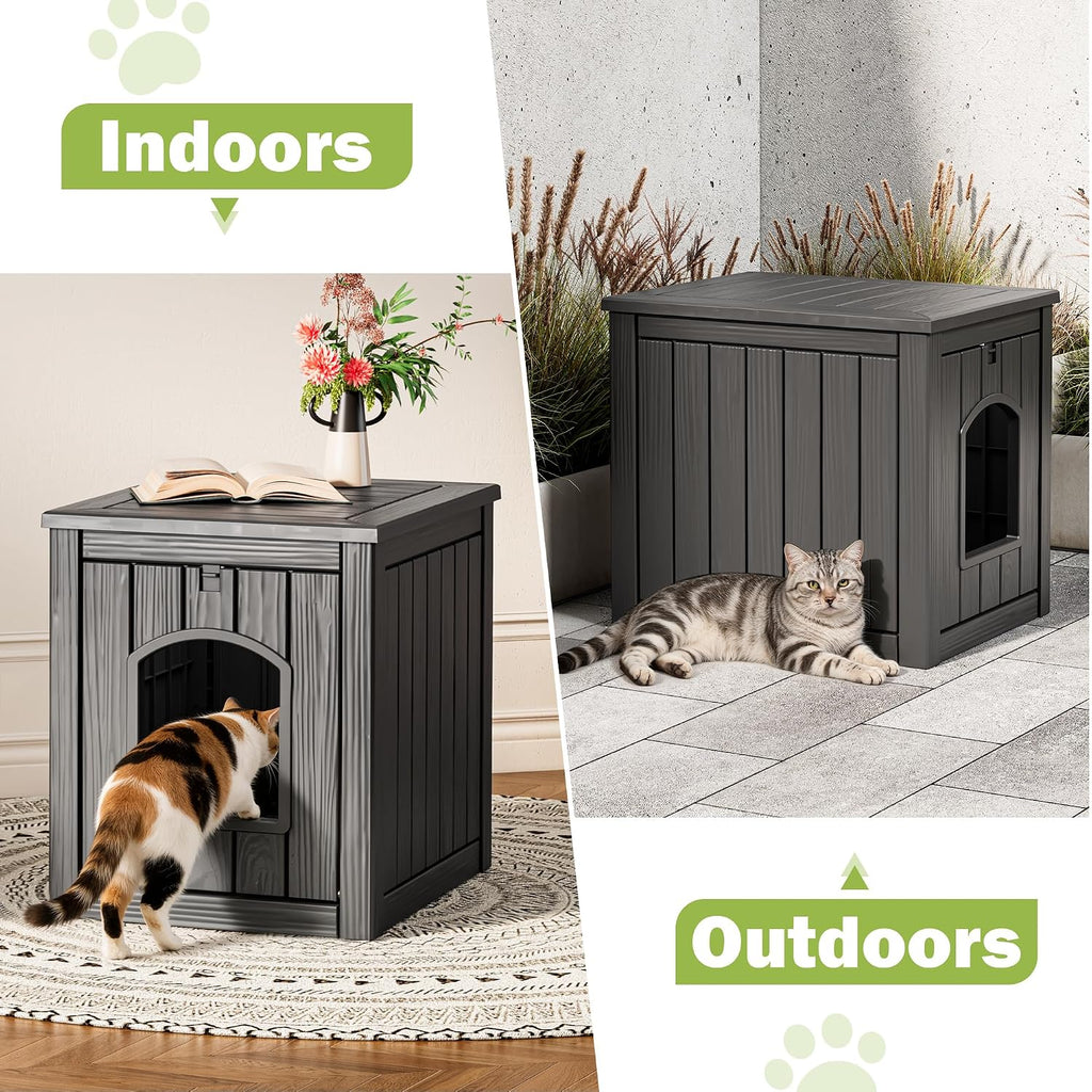 Outdoor Cat House Weatherproof, Resin Cat Houses for Outdoor Indoor Cats, Cat Box Enclosure, Cat Bed Easy to Assemble & 