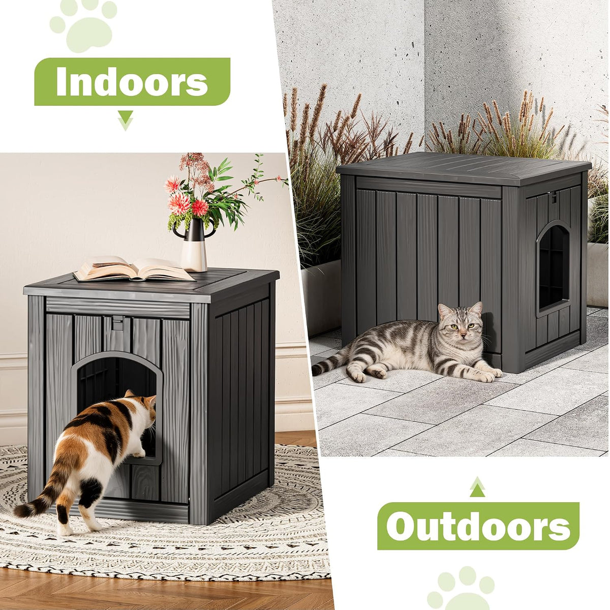 Outdoor Cat House Weatherproof, Resin Cat Houses for Outdoor Indoor Cats, Cat Box Enclosure, Cat Bed Easy to Assemble & 