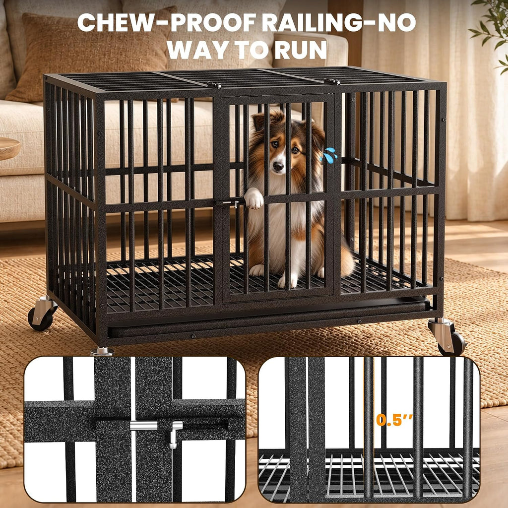 38 Inch Indestructible Dog Kennel,Heavy Duty Dog Crate for Large Dogs,Black