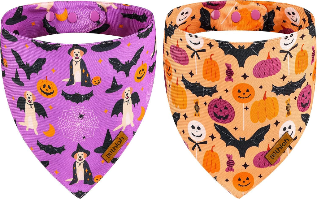 Halloween Dog Bandanas - 2 Pack Purple Dog Bandana with Snap Button | Reversible Pet Scarf for Boy & Girl | Premium Dura