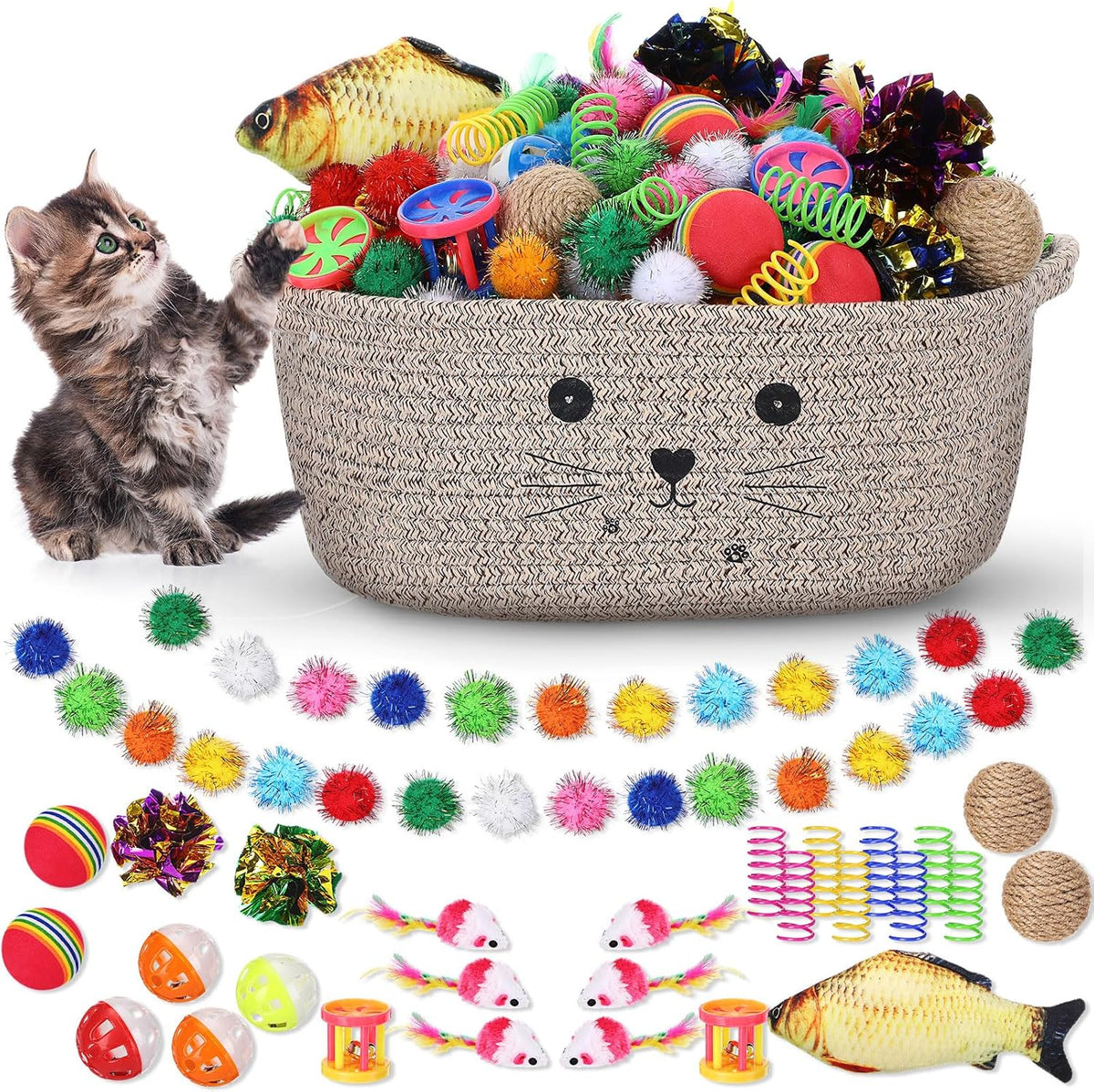 Zopeal 58 Pcs Cat Toy Set with Storage Basket Indoor, Grey, 9.8 Inch