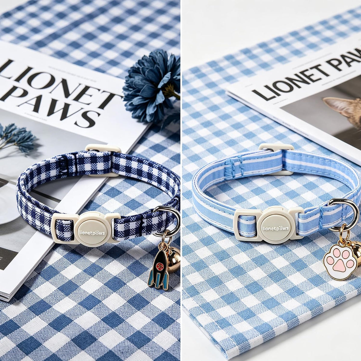 LIONET PAWS 2 Pack Breakaway Cat Collars, Cute Soft Cotton Plaid Gingham & Blue Stripe Kitten Collars with Bell for Boy 