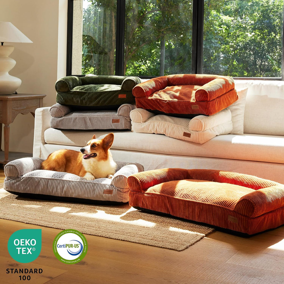 FUKUMARU Dog Couch Bed, Corduroy Cozy Cat Bed, Waterproof, Washable cover