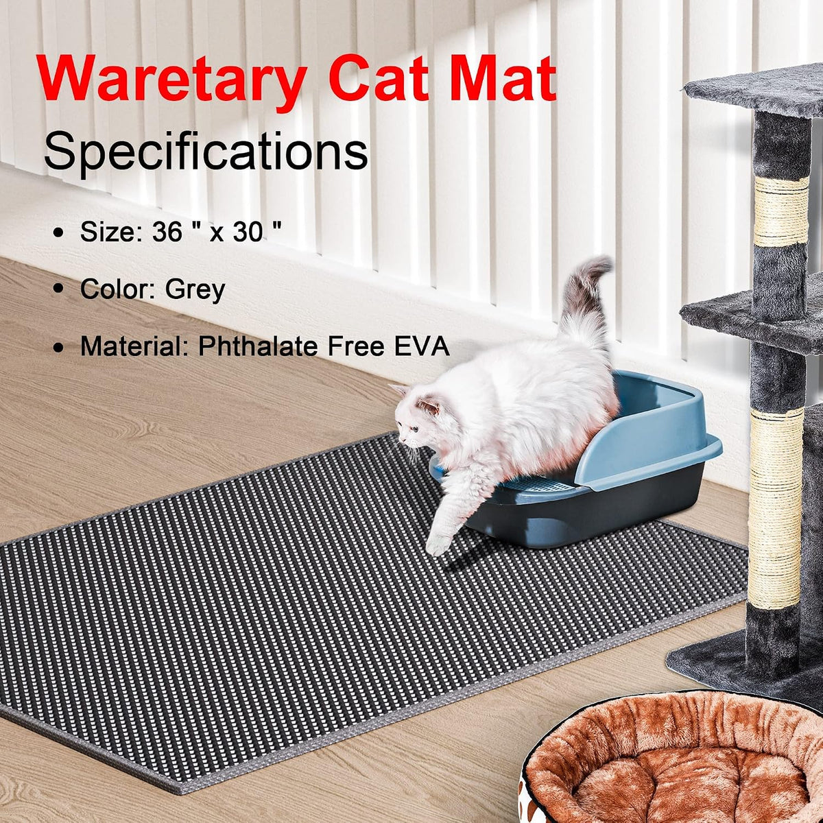 Waretary Cat Litter Mat, 36"x30", Waterproof, Scatter Control, Grey