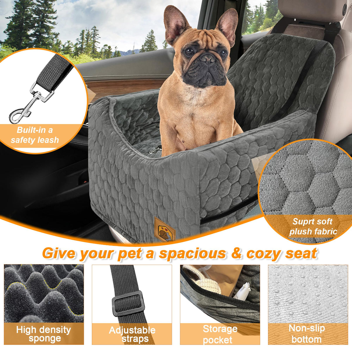 Dog Car Seat for Small/Medium Dogs, Memory Foam Dog Booster Seat, Travel Safety Per Car Seat with Washable Removable Cover, Storage Pockets for Dogs up to 35 lbs