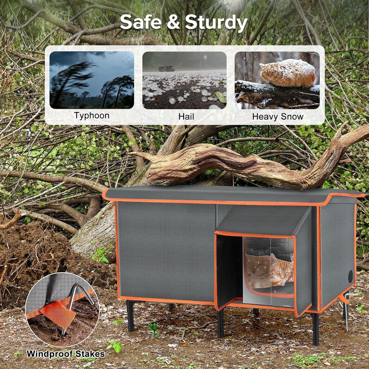 Heated Cat House for Outside in Winter, Weatherproof Outdoor Cat House with Cat Heating Pad, Waterproof &Safe Escape Doo