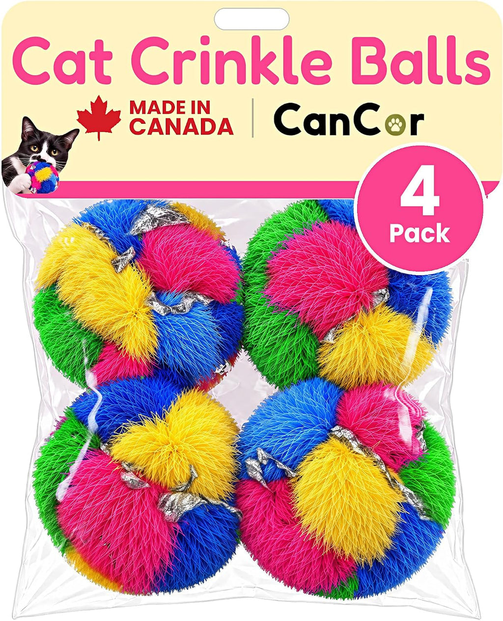 Crinkle Balls for Cats, Original 1.5 Inch, 4 Pack, Crinkle Cat Toy, CanCor