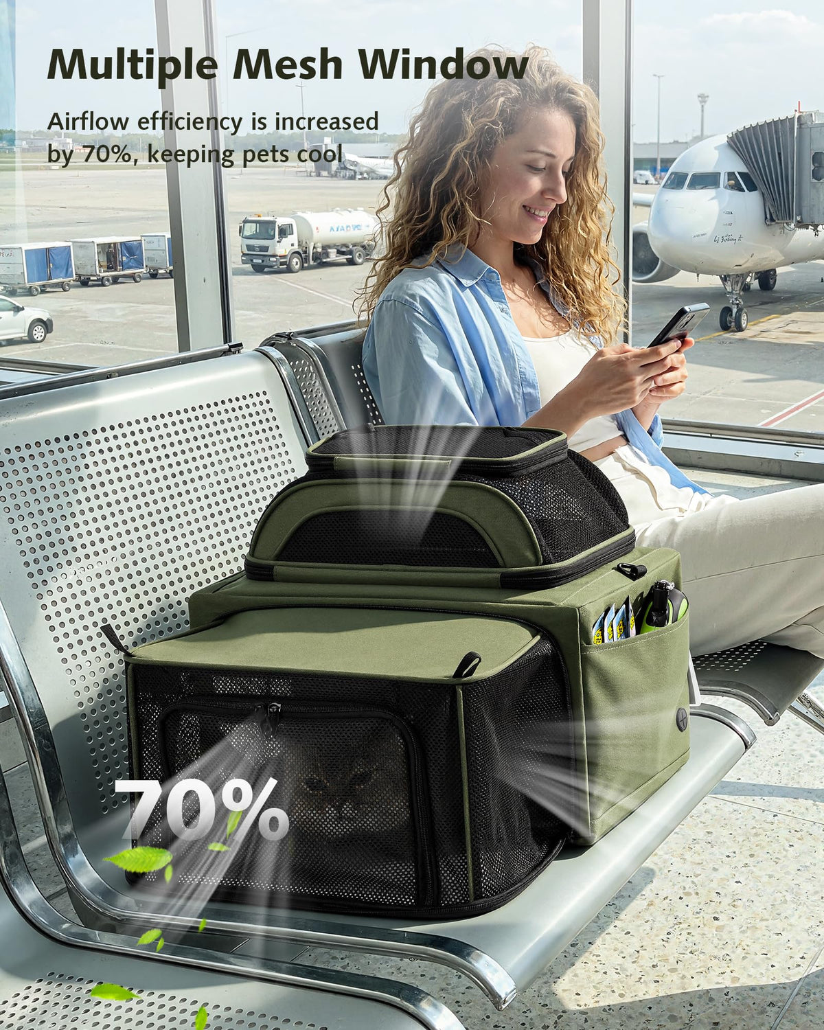 Pecute Top Expandable Airline Approved Pet Carrier for Cats, Olive Green
