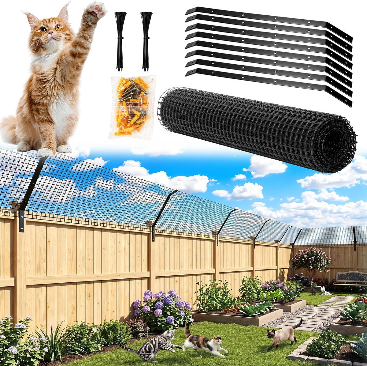 Cat Fence Outdoor Barrier 33FT, Anti-Climb Fence Topper with Install Kit