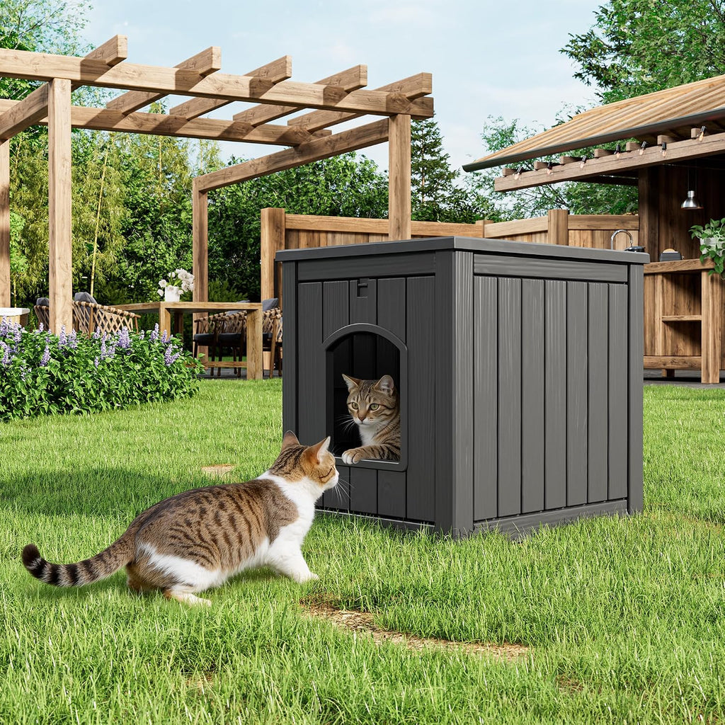 Outdoor Cat House Weatherproof, Resin Cat Houses for Outdoor Indoor Cats, Cat Box Enclosure, Cat Bed Easy to Assemble & 
