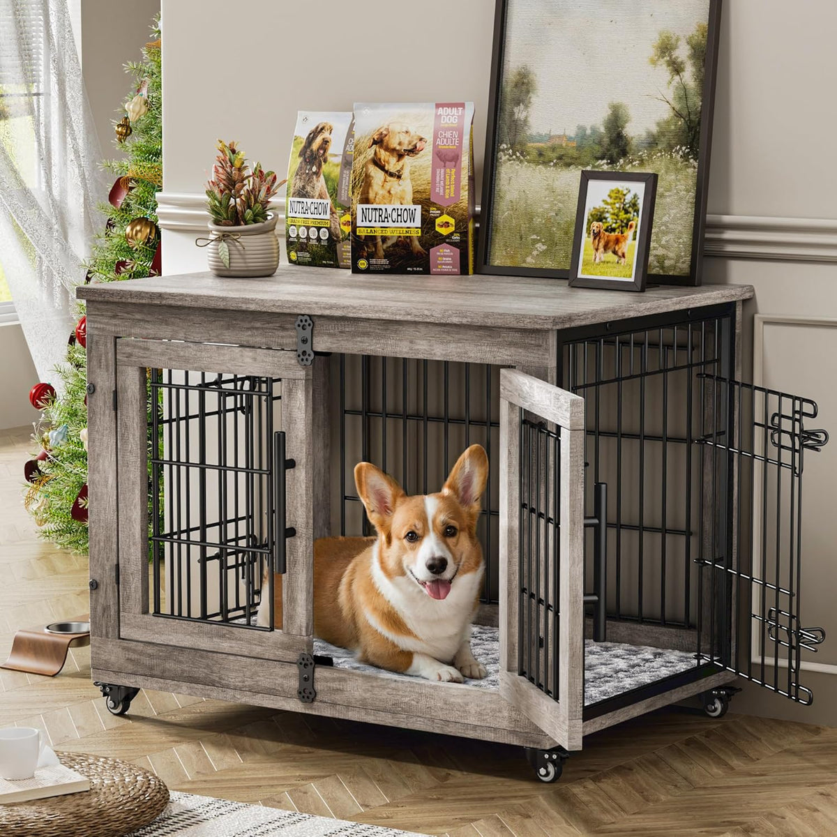Medium Dog Crate Furniture, 32'' Heavy Duty Kennel w/Cushion & Wheels