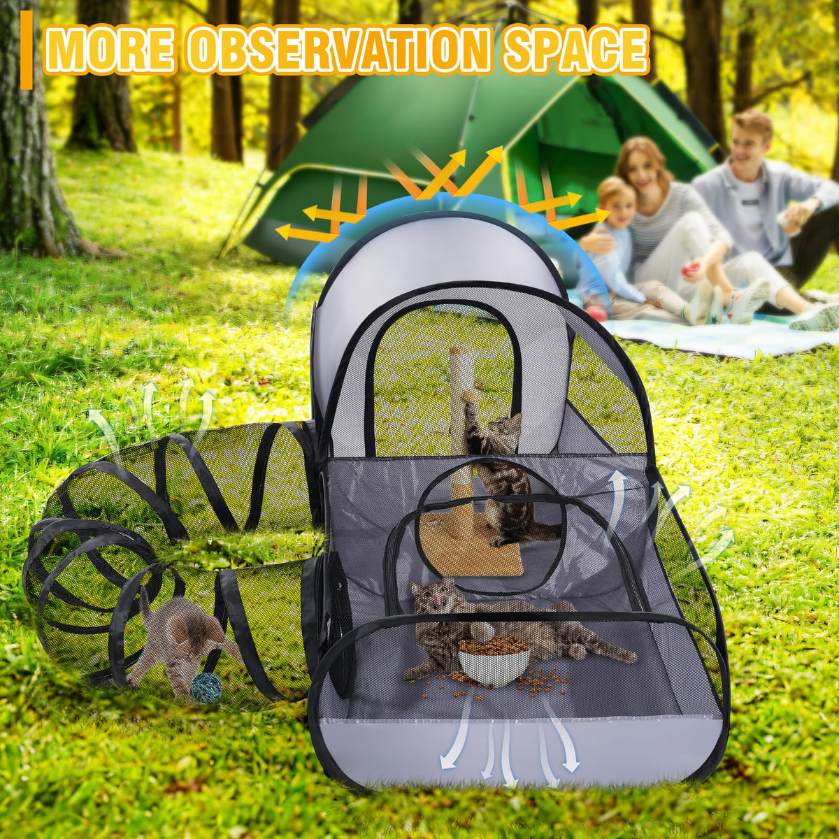 Tailtastic Indoor/Outdoor Cat Playpen with Surround Tunnel 2 Zones Grey