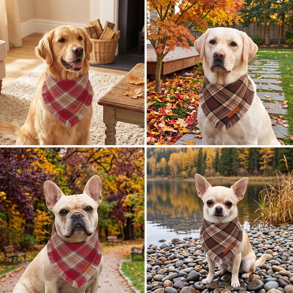 Fall Dog Bandanas with Fringe, Red Brown Plaid Dog Scarf, Large
