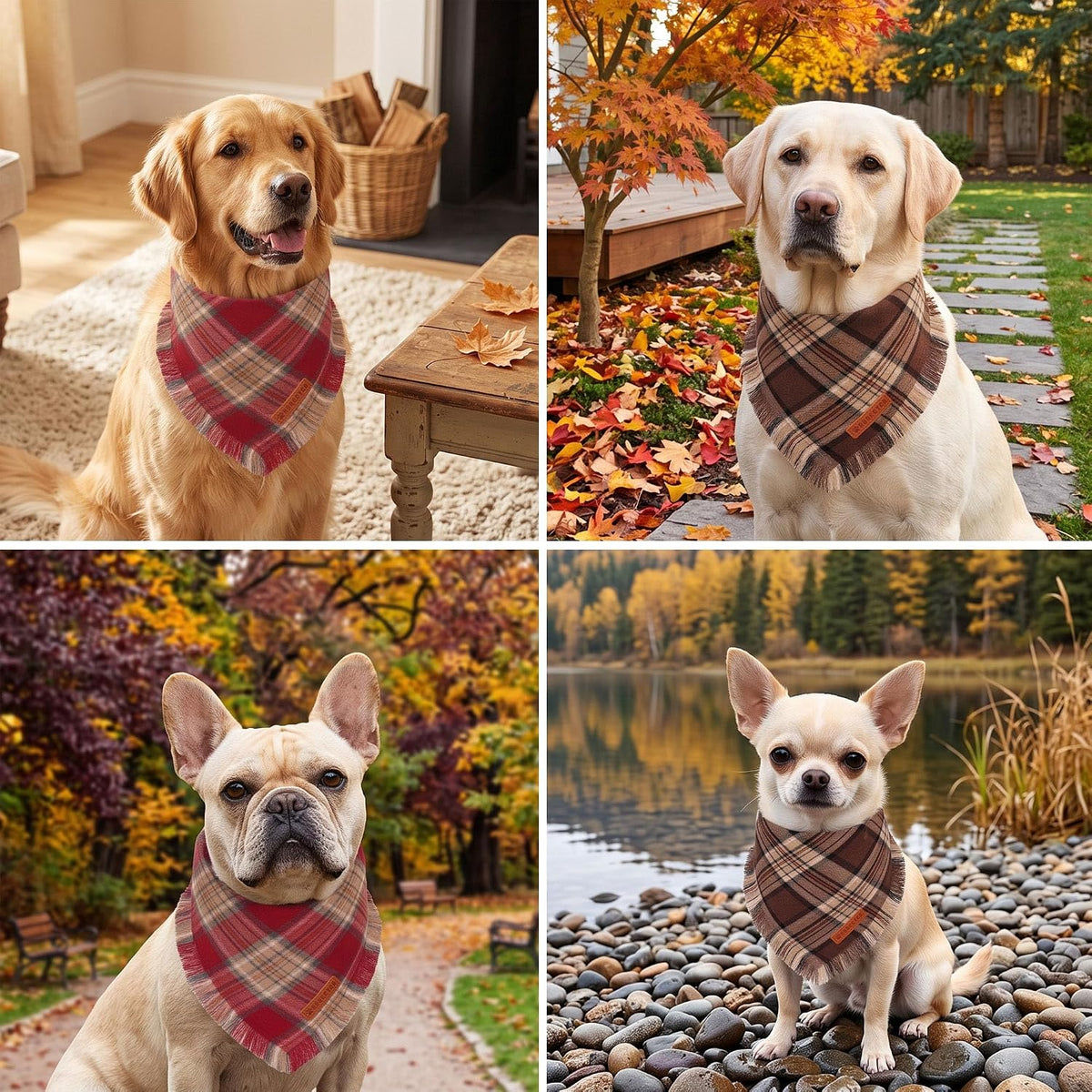 Fall Dog Bandanas with Fringe, Red Brown Plaid Dog Scarf, Large