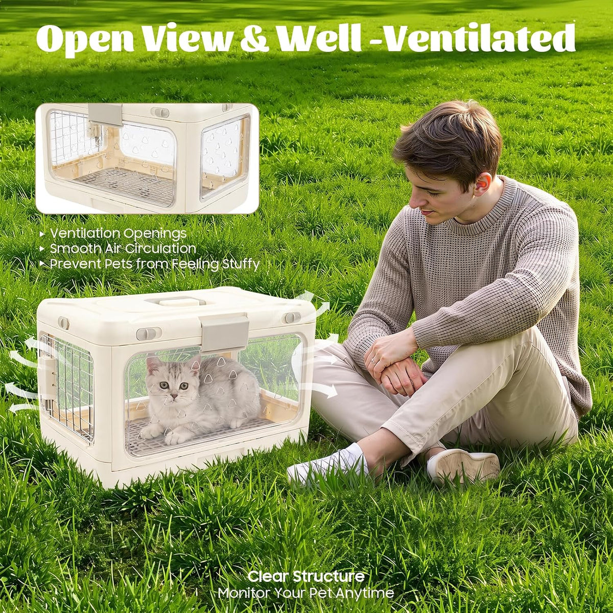 Collapsible Hard Cat Carrier Transparent Pet Crate for Cats & Small Dogs