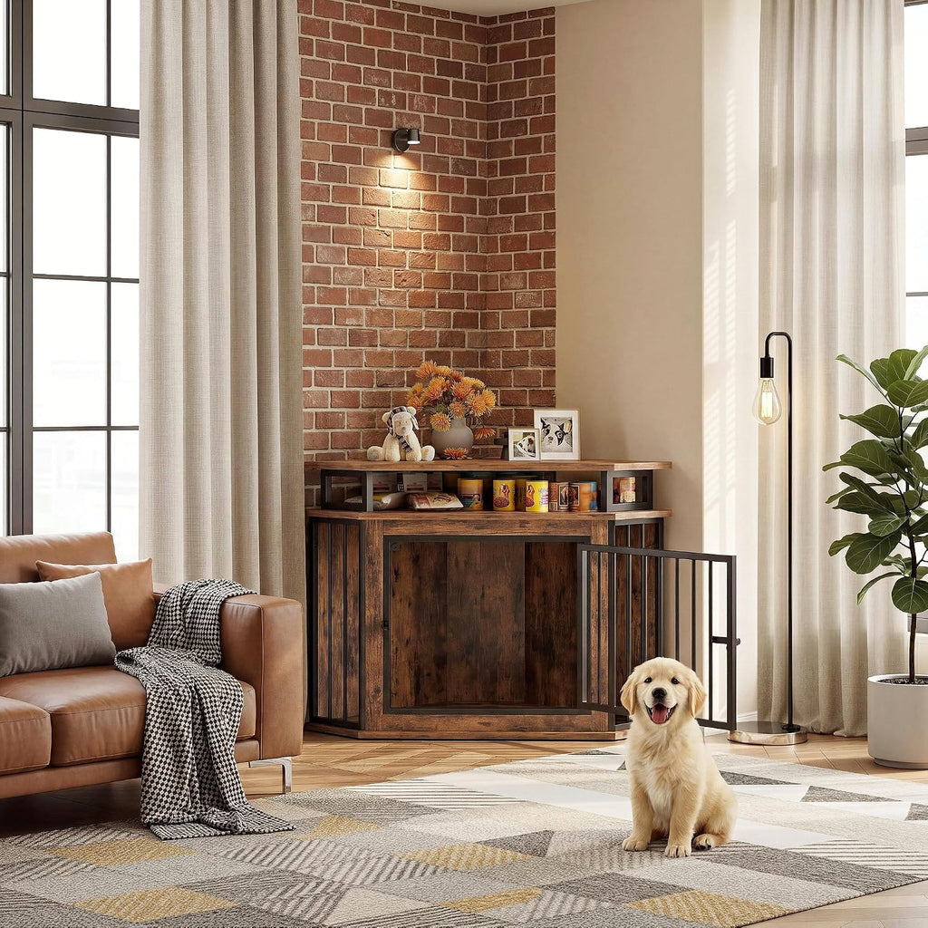 IRONCK 43.3" Corner Dog Crate Furniture with 2-Tier Shelves Rustic Brown
