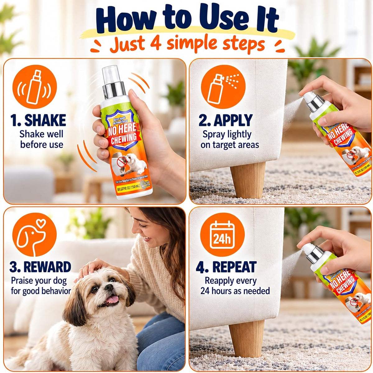 Bitter Apple Spray for Dogs – No Chew Spray to Stop Chewing, Licking & Biting, Natural Bitter Dog Training Spray, Anti C