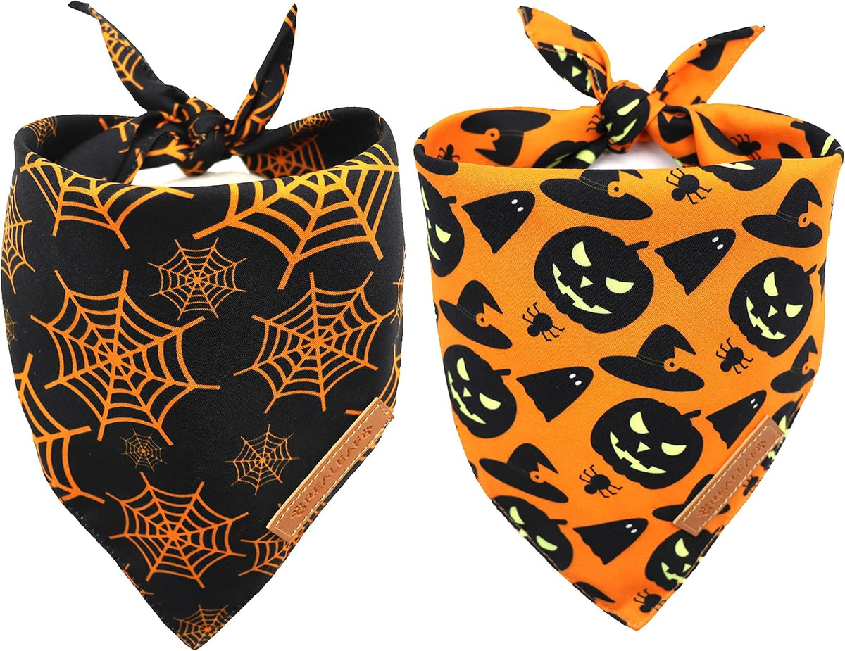 Halloween Dog Bandanas 2 Pack, Pumpkin and Spider Web Bibs, Triangle Reversible Fall Pet Scarf, Premium Durable Fabric, 