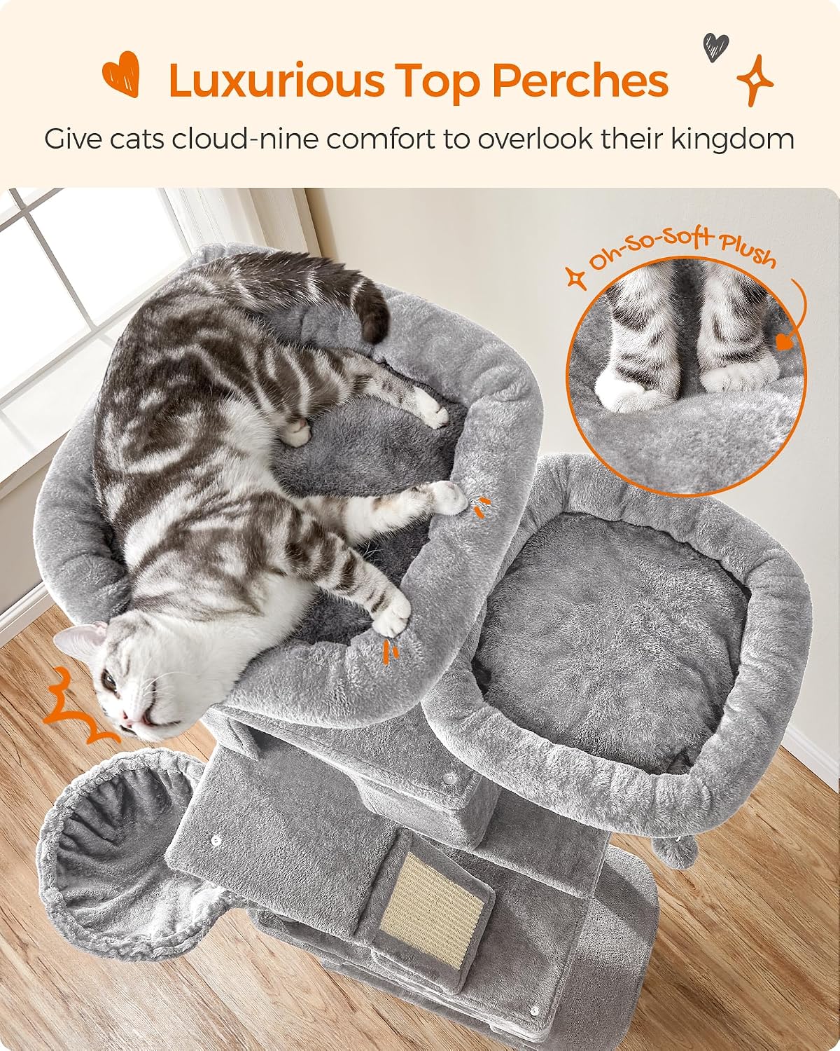 Feandrea Cat Tree, 81.1-Inch Large Cat Tower, Multi-Level Condo, Light Gray