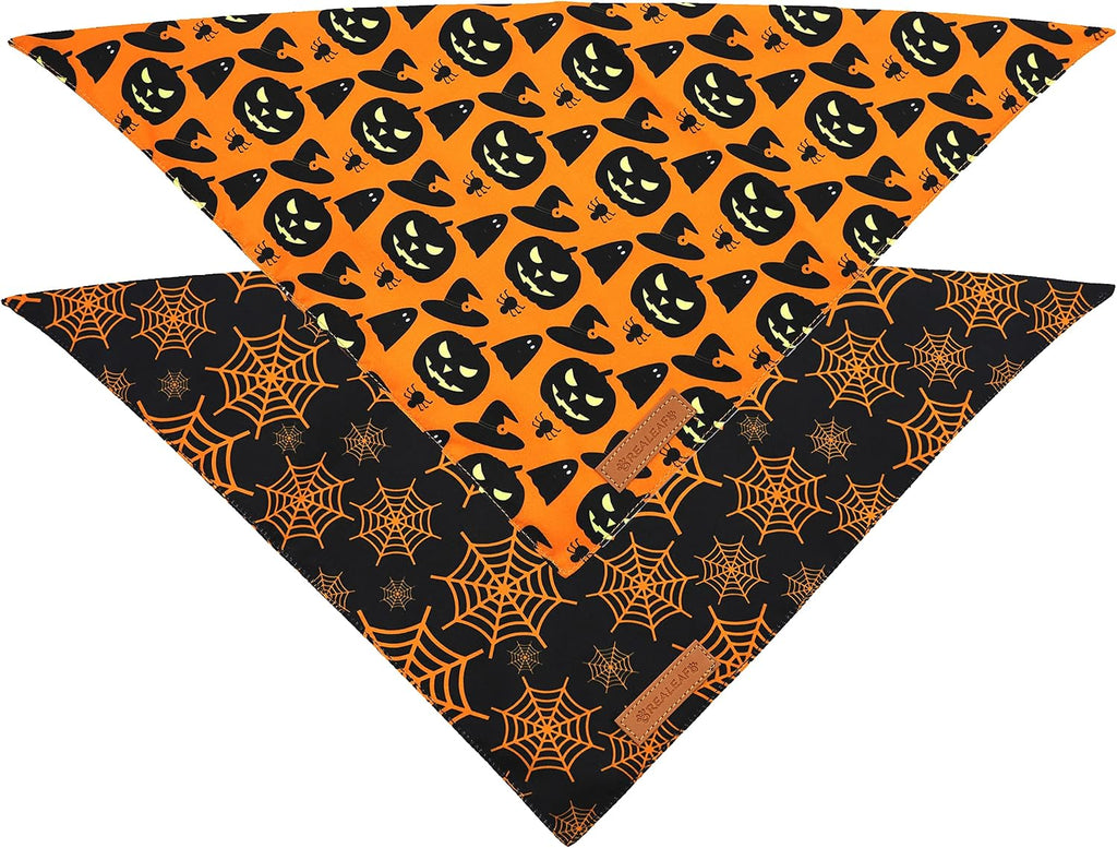 Halloween Dog Bandanas 2 Pack, Pumpkin and Spider Web Bibs, Triangle Reversible Fall Pet Scarf, Premium Durable Fabric, 