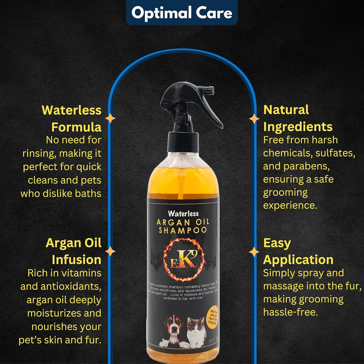 E3K9 Waterless Dog Shampoo 16 oz - Argan Oil Scented Dry Shampoo for Dogs & Cats - No Rinse - Waterless Pet Shampoo for 
