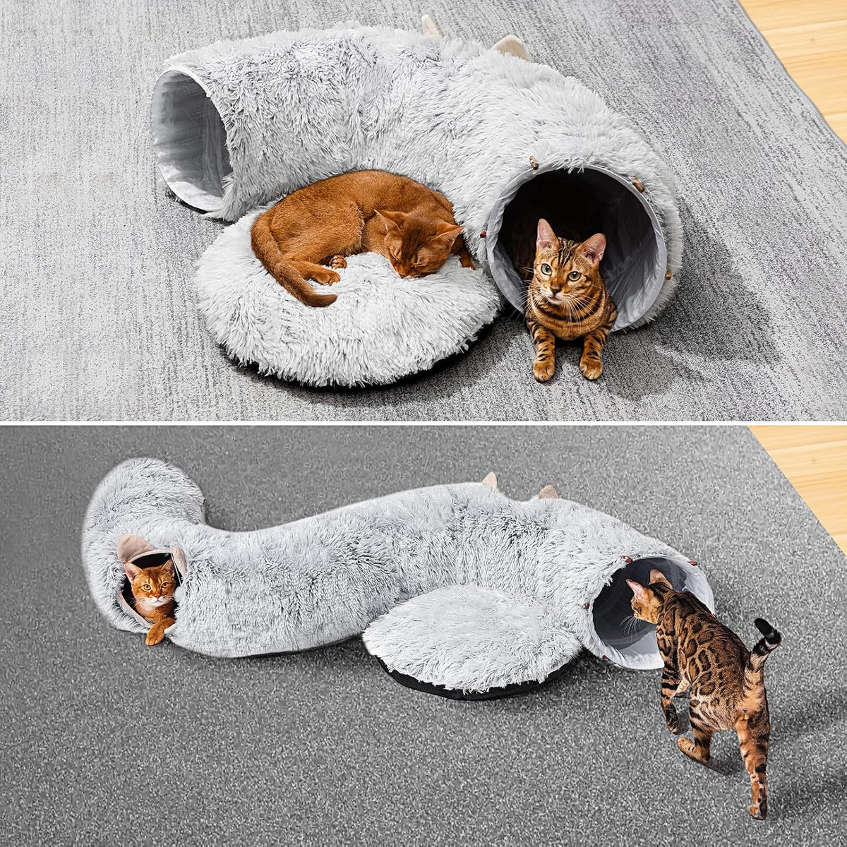 Cat Tunnel with Cat Bed for Indoor Cats, Under Christmas Tree Soft Plush Peekaboo Cat Cave Donut Tunnel, Multifunctional