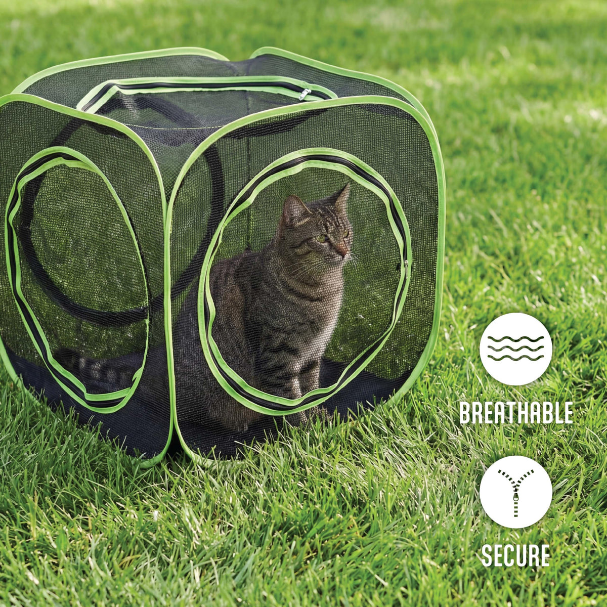 Kitty City Large Outdoor Cat Play Cube, Mesh Pop-Up Cat Enclosure for Indoor & Outdoor Use, Expandable Modular Cat Playpen with Zippered Access - Green