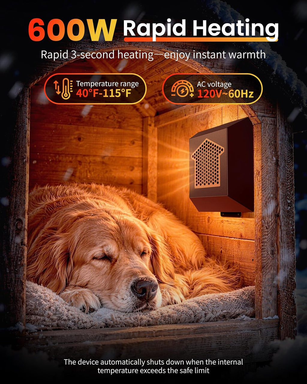 600W Dog House Heater – WiFi Smart Thermostat 40℉ to 115℉ Adjustable