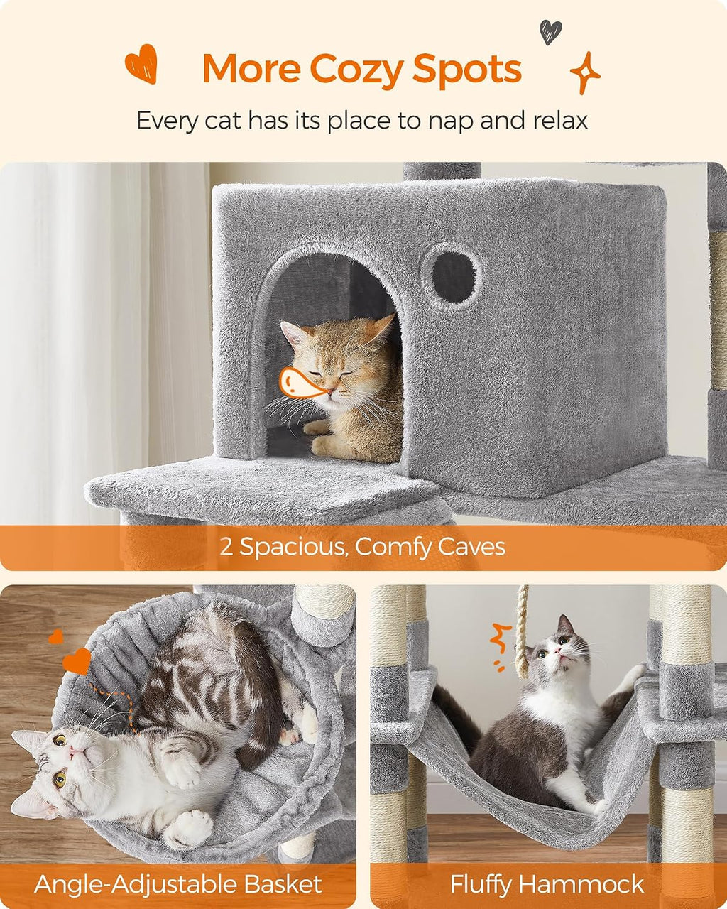 Feandrea Cat Tree, 81.1-Inch Large Cat Tower, Multi-Level Condo, Light Gray