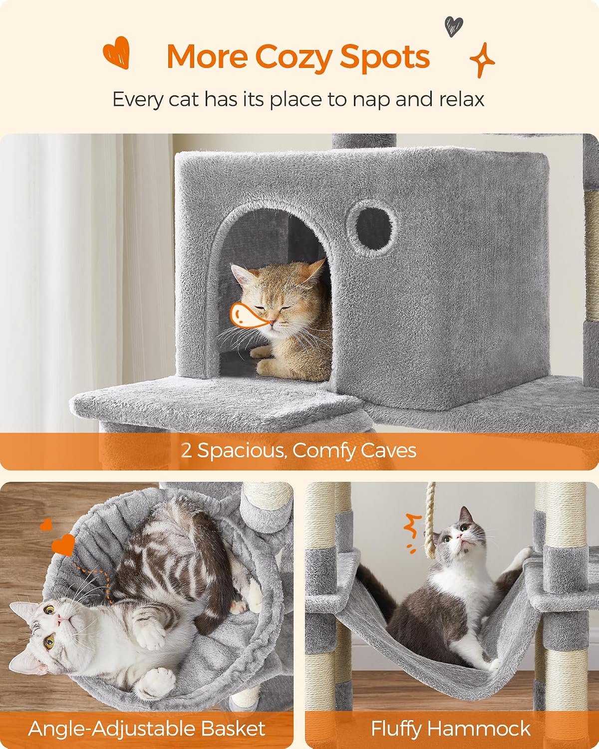 Feandrea Cat Tree, 81.1-Inch Large Cat Tower, Multi-Level Condo, Light Gray