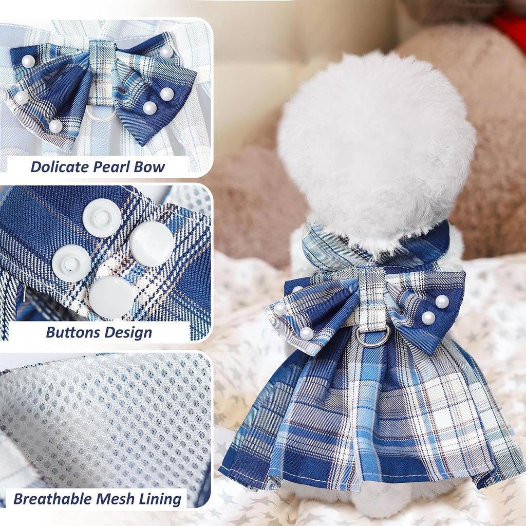 Dog Dress Bowknot Harness Leash Set for Small Dogs Girl Cute Plaid Dog Dress Pearls Bow Tie Spring Summer Princess Cloth