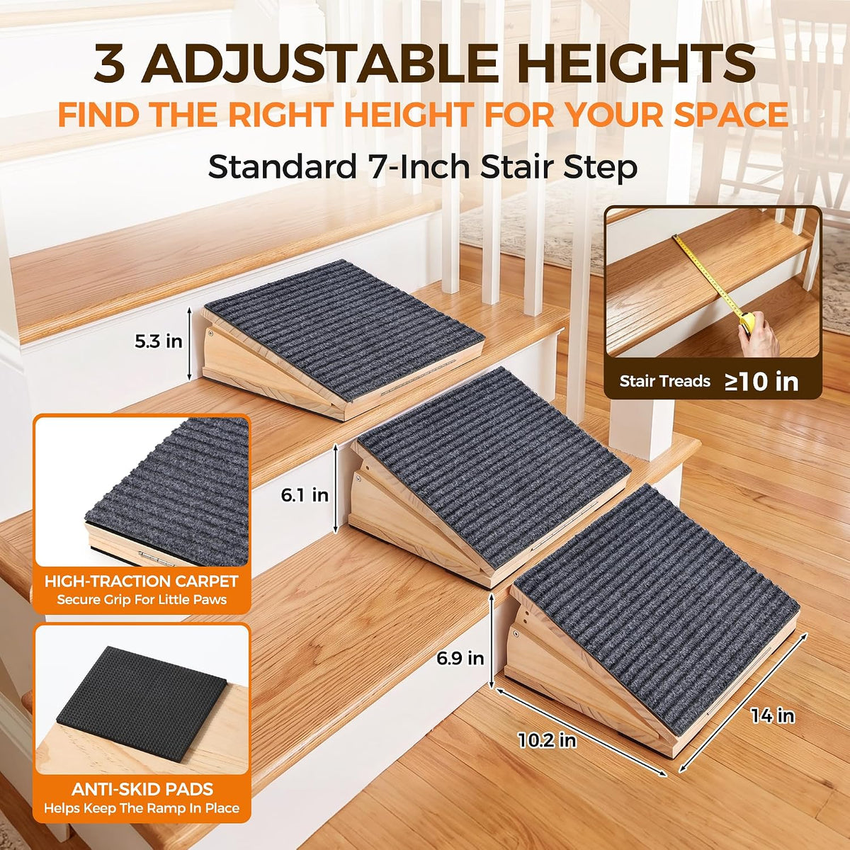 Dog Ramp for Stairs, Adjustable Wooden Pet Ramp with Anti-Slip Carpet (2)
