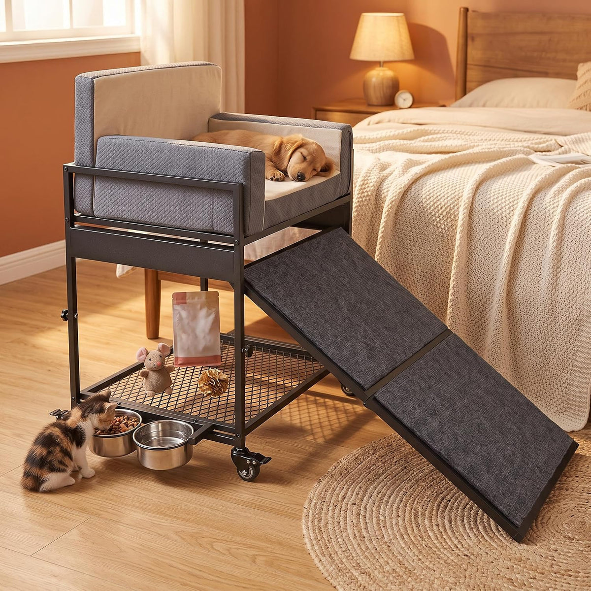 GarveeLife Pet Stairs Ramp Pet Window Perch with Bowls & Storage, Rolling