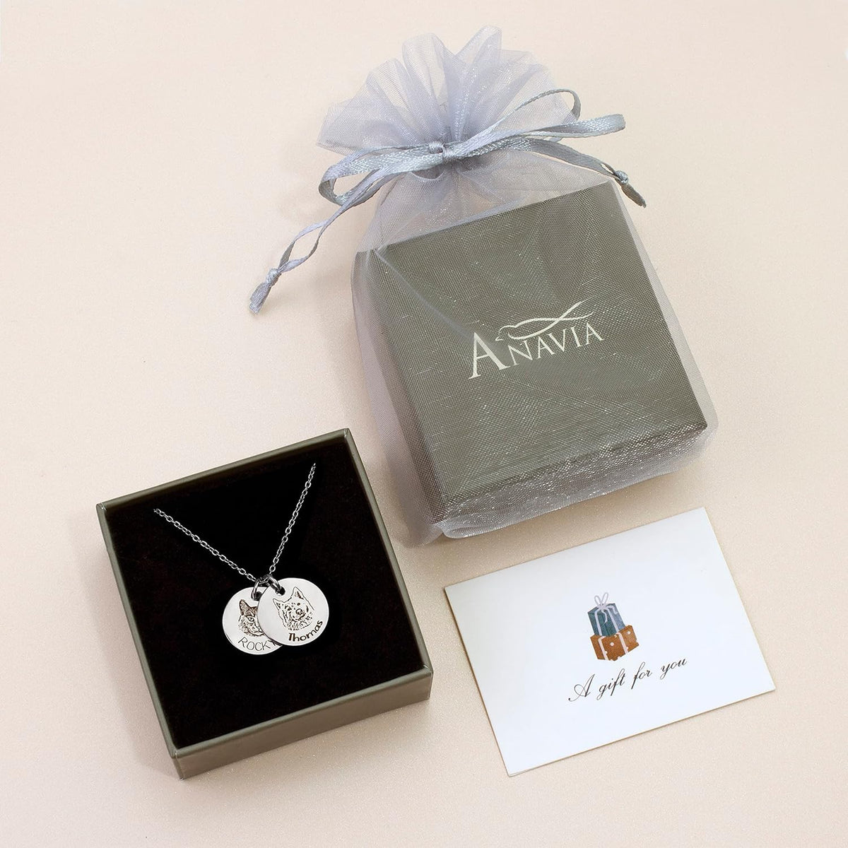 Anavia Personalized Pet Portrait Necklace, Handmade Memorial Jewelry Gift, Custom Round Disc Photo Engraved Necklace for