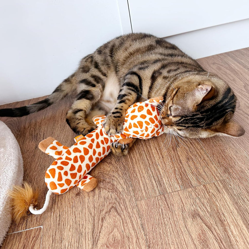 TTcat Large 11.42 Inch Giraffe Silvervine Cat Kick Toy, Crinkle Plush Cat Chew Pillow Toy with Bell Tail, Interactive Ki