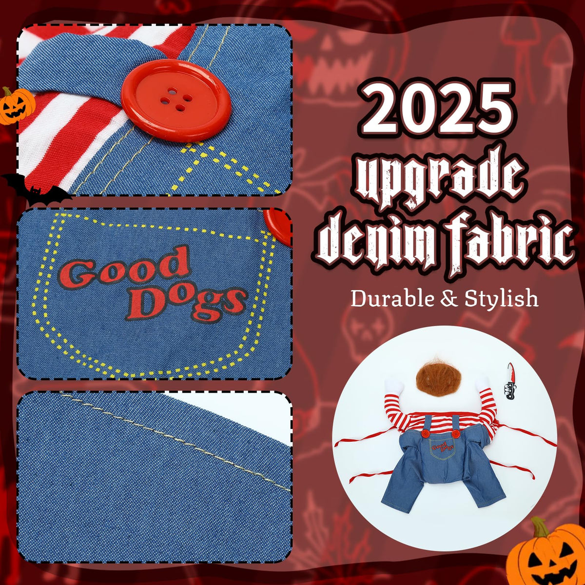 T2Y Dog Halloween Costume Pet Deadly Doll Chucky Dogs Costume with Knife & Wig, Dog Costumes for Medium Dogs Funny Party Cosplay Halloween for Corgi, Pug, Frenchie, Dachshund【M】
