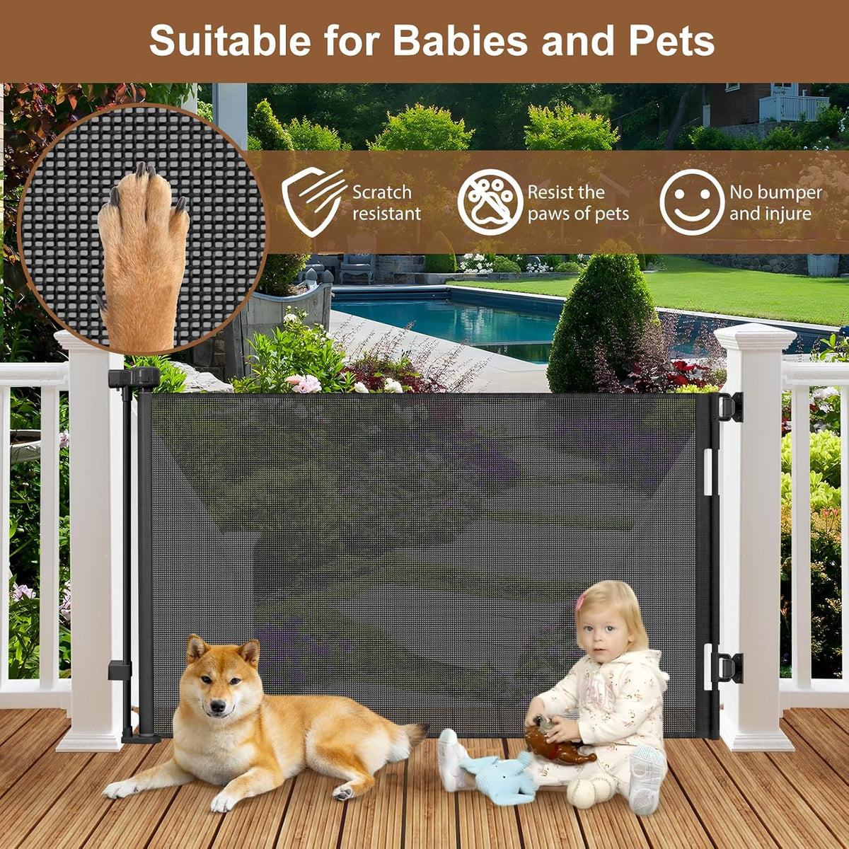 Weatherproof Outdoor Retractable Gate for Dogs, 55" Wide Outdoor Baby Gate
