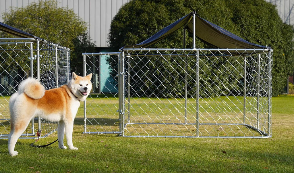Petony Large Outdoor Dog Enclosure,Heavy Duty Dog Kennel with Roof,Galvanized Steel Dog Cage Fence with Double Safety Lo